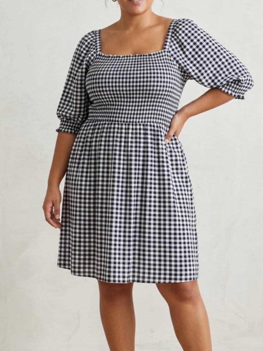 Draper James Navy Gingham Smocked Puff Sleeve Dress Large Cottagecore Preppy